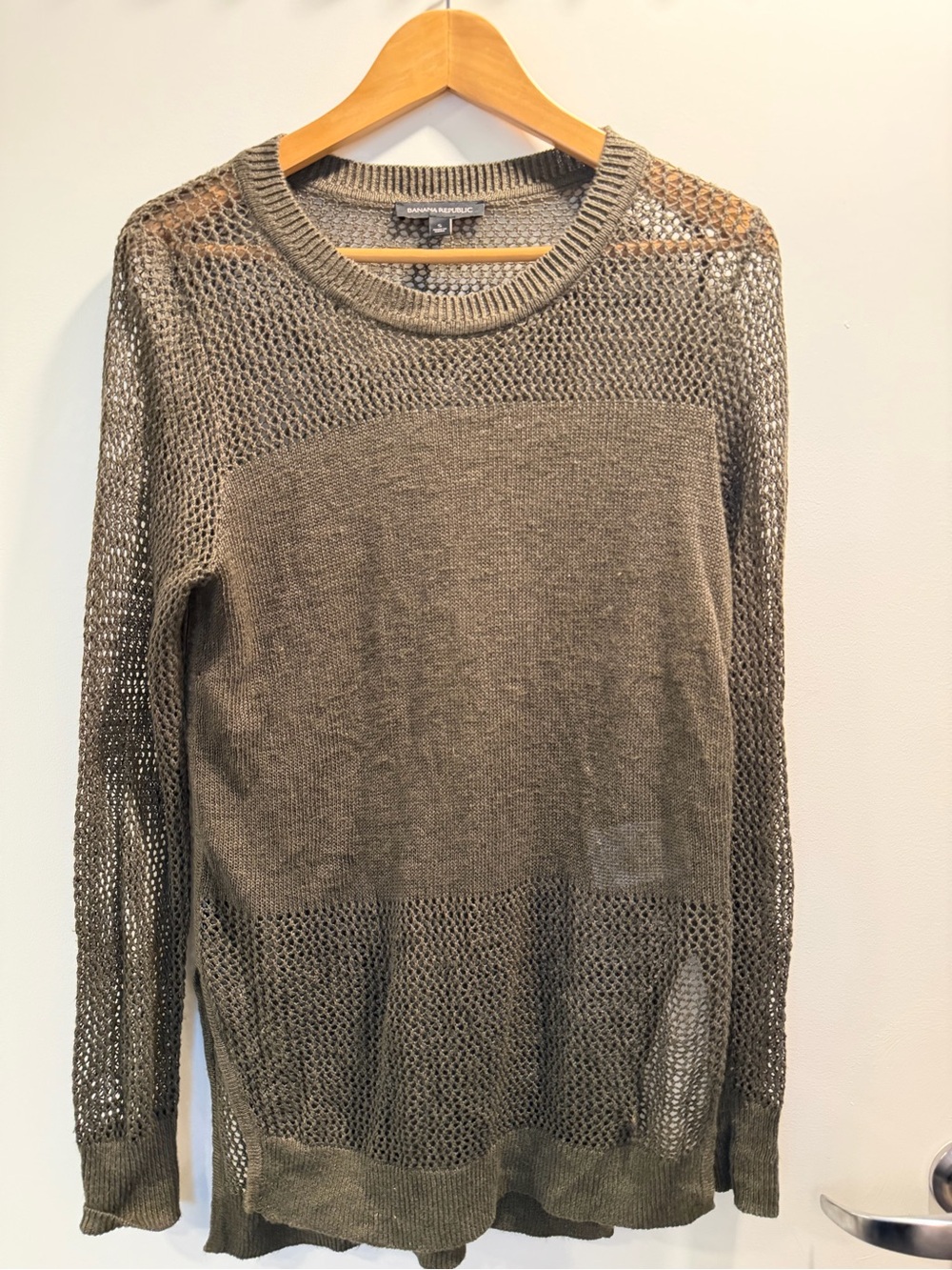 Banana Republic Olive Green Open-Weave Crewneck Sweater